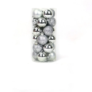 Silver Christmas ball set in transparent barrel showing glossy matte and glitter textures
