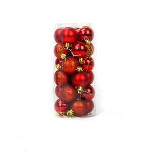 Set of 24 red Christmas balls in matte and glossy finishes with golden string