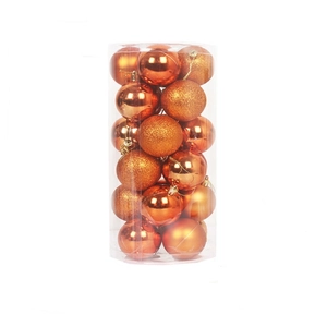 Copper Christmas ball set with glossy, matte, and glitter finishes in a clear cylinder tube