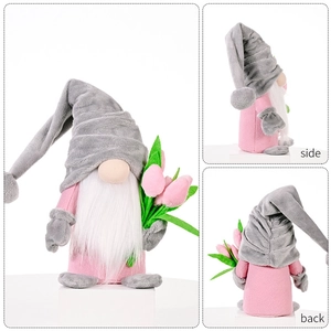 Front, side and back views of a pink tulip gnome plush with grey hat and white beard