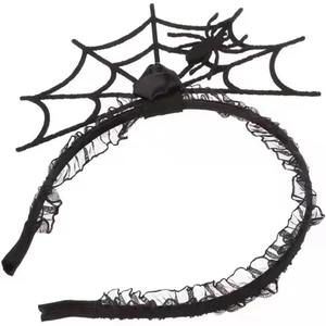 Detail of Halloween headband featuring a black 3D spider on a large decorative web