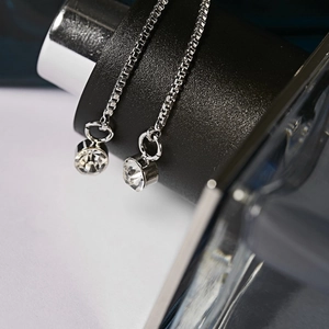Macro shot of silver tassel drop earrings with sparkling round zircon crystals