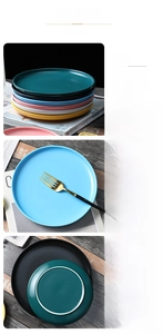 Detail of matte ceramic plates in Nordic colors showing anti-slip bottom and smooth finish