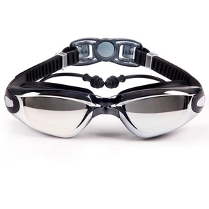 Detail of mirrored electroplated swim goggles with integrated black silicone earplugs