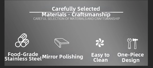 Detailed chart showing food-grade 304 stainless steel features and polished finish