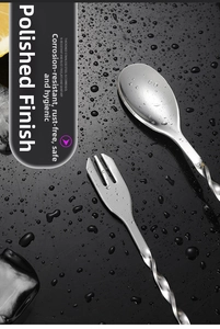 Detail of 304 stainless steel spoon and fork with spiral handle on black background