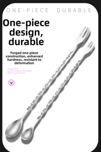Dual-head stainless steel bar spoon with spiral handle and built-in fork for mixing