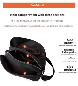 Detail view of the multi-compartment interior storage of the nylon crossbody bag