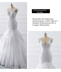 Macro detail of white mermaid bridal gown featuring deep V-neck and delicate lace embroidery