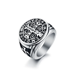 Vintage silver and black Saint Benedict Medal ring for men in stainless steel finish