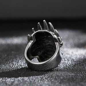Macro detail of men's titanium steel skull ring showing gothic claw textures and matte finish
