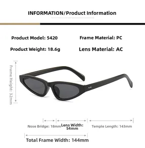 Detailed dimensions of cat-eye sunglasses with PC frame and AC lens showing 144mm width