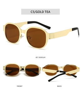 Detailed multi-angle views of vintage gold metal round frame sunglasses with tea lenses