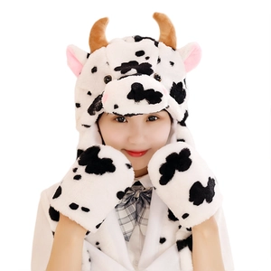 Cute cow plush 3-in-1 hat scarf and gloves set with moving ears for autumn and winter