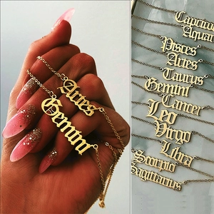 Gothic style gold zodiac name pendant necklaces in stainless steel with thin chains