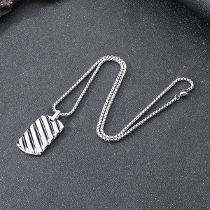 Men's geometric rectangle bar pendant necklace with diagonal grooves in silver finish