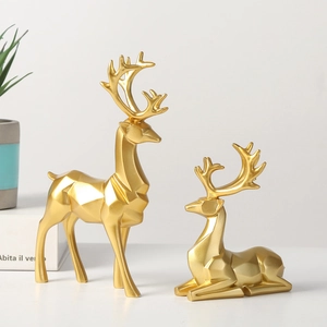 Modern gold geometric deer resin statues in standing and sitting poses for home decor