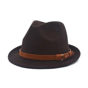 Detail of dark brown wool fedora hat featuring a leather band and golden buckle