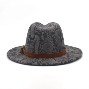 Stylish fedora hat with gray snakeskin pattern and brown leather band with metal buckle