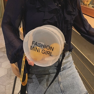Clear PVC round crossbody bag with fashion mini girl print and yellow woven strap