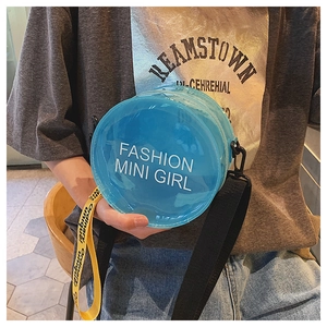 Detail view of blue translucent round PVC bag with Fashion Mini Girl logo and yellow strap