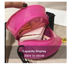 Interior view of round pink transparent PVC bag showing storage capacity for cosmetics