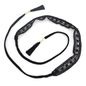 Bohemian black lace waist belt with braided ropes and silk tassels for women's dresses