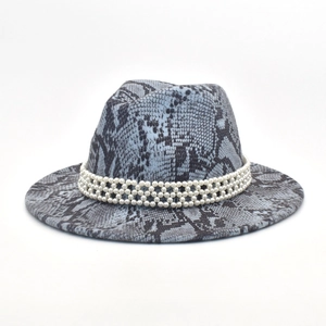 Detail of blue-grey snakeskin fedora hat with elegant triple-row faux pearl embellishment