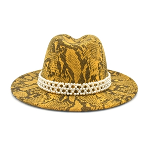 Yellow snake skin fedora wool hat with triple faux pearl decorative bands for women