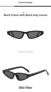 Detail view of black cat eye sunglasses with narrow lenses and silver metallic stud hinge