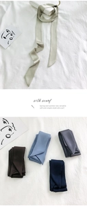 Close-up of narrow silk scarves in various colors like soft green and navy blue