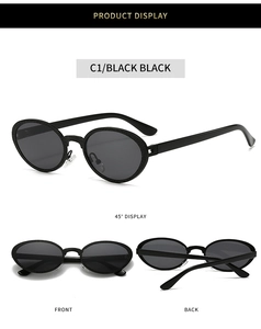 Detailed views of black oval sunglasses featuring a unique textured frame finish