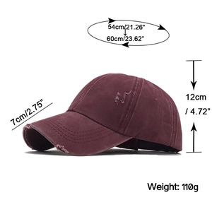 Burgundy washed cotton ponytail cap size guide with 7cm brim and adjustable strap details