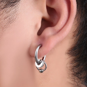 Fashionable titanium steel multi-hoop earrings for men with silver beads on a model