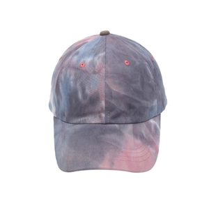 Tie-dye baseball cap with pink and blue marble pattern on white background.
