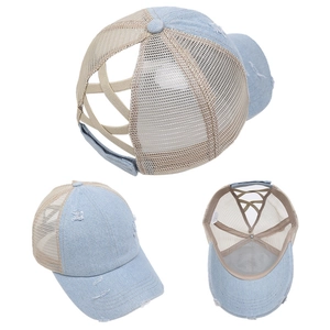 Distressed denim baseball cap with criss-cross ponytail hole and mesh back
