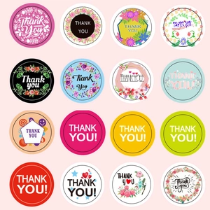 Collection of 16 floral Thank You stickers featuring various round shapes and elegant designs