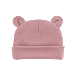 Soft cotton knit baby hat in dark pink featuring cute bear ears and ribbed cuff design