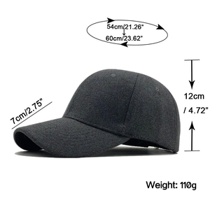 Detail view of dark grey cashmere baseball cap with size dimensions and weight info