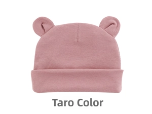 Detail of taro purple knitted baby hat featuring cute bear ears and rolled edge design
