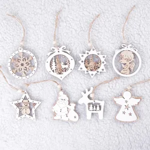 Set of 8 wooden Christmas tree ornaments with laser-cut patterns and rustic jute strings