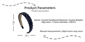 Detail of dark blue crystal beaded headband showing 17cm x 15cm dimensions and 44g weight