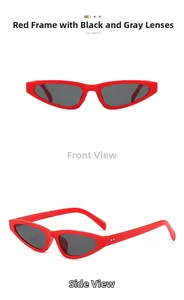 Detail of red cat-eye sunglasses featuring studded temples and dark grey lenses