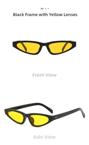 Detail of hip hop cat eye sunglasses with black frame and transparent yellow lenses