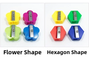 Close-up of plum blossom and hexagon shaped colorful plastic manual pencil sharpeners