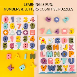 Educational wooden alphabet and number puzzle board toy with colorful animal illustrations