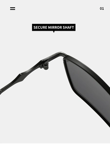 Detail of secure metal mirror shaft and hinge on matte black fan-shaped sunglasses