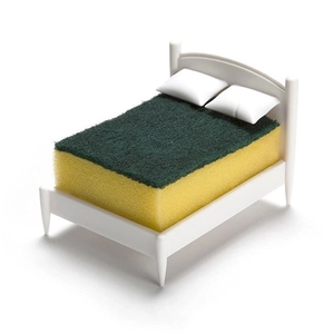 Creative kitchen sponge holder shaped like a miniature white bed with sponge mattress