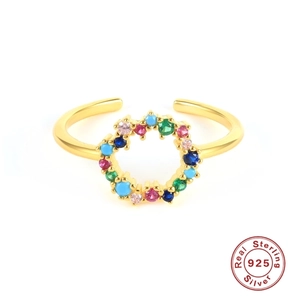 Top view of gold S925 sterling silver adjustable ring with colorful gemstones