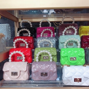 Mini Jelly Crossbody Bag Quilted PVC Handbag With Artificial Pearl Handle Metal Chain Turn-lock Closure Candy Color Fashion